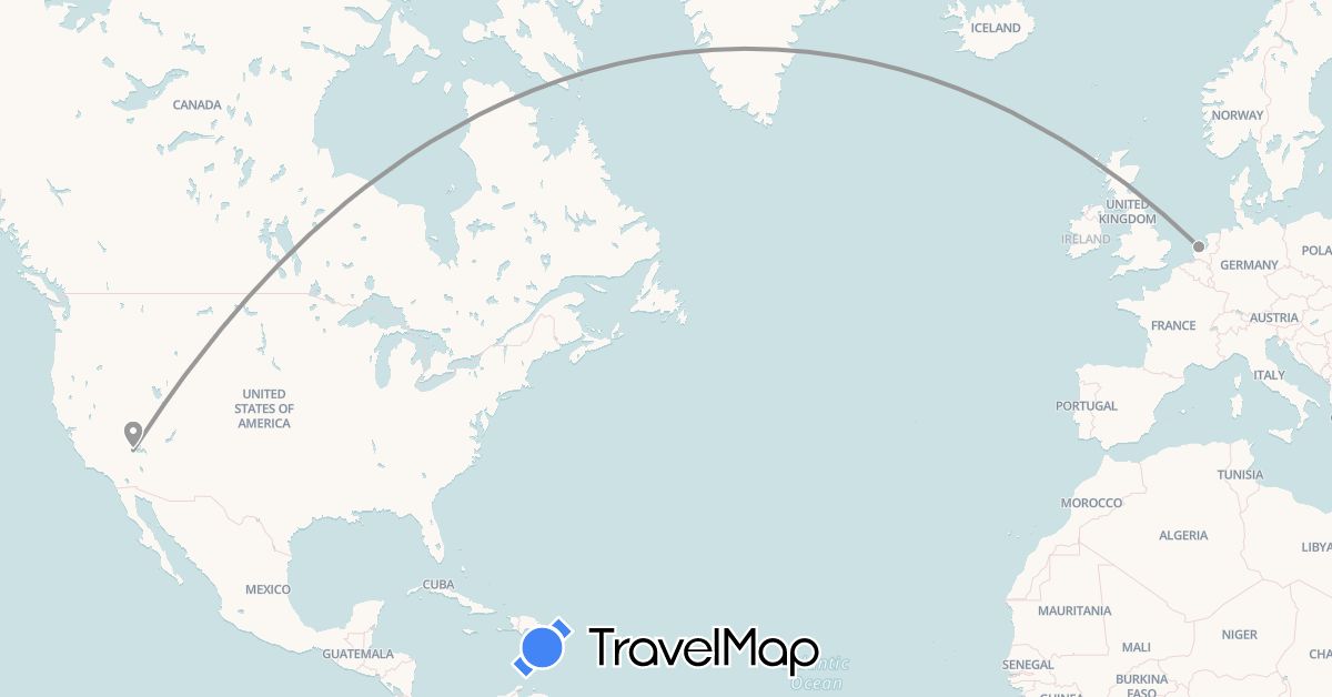 TravelMap itinerary: driving, plane in Netherlands, United States (Europe, North America)